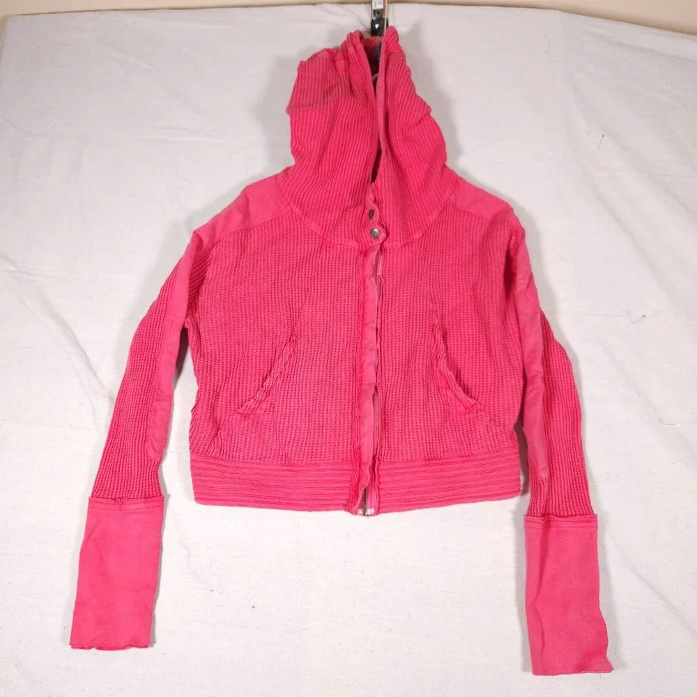 Free People FP One Mason Hoodie Cardigan Button Jacket Red Pink Waffle - Picture 9 of 16